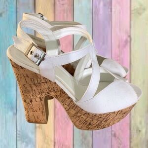 Wet Seal White Canvas Chunky Block Cork Heel Platform Sandals